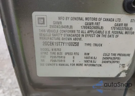 2000 Chevrolet Silverado 1500 Ls из США, поврежденный, VIN 2GCEK19T7Y1100258